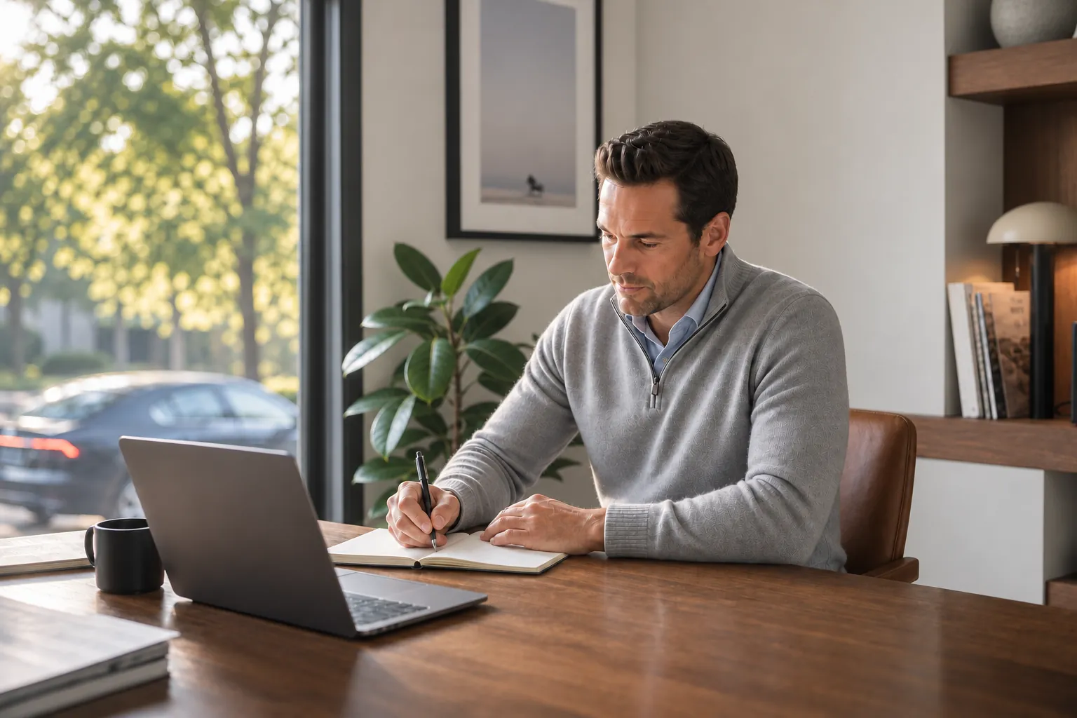 The client continues his work at a home office after the watch collection.
