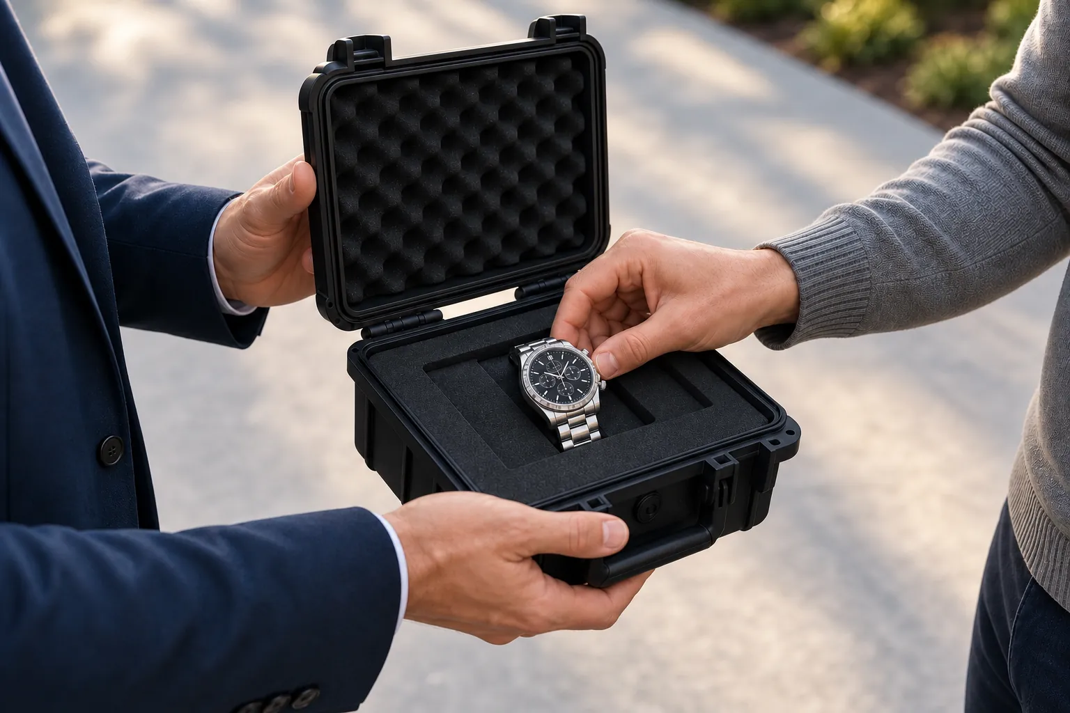 A client places a steel bracelet chronograph into an open protective case held by the representative.