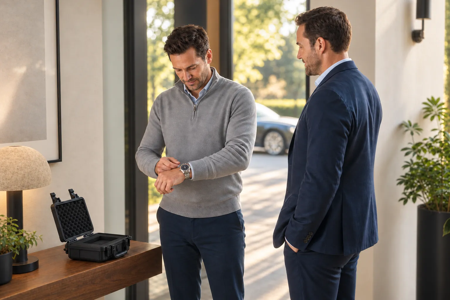 A client puts on his returned bracelet chronograph while speaking with the representative.