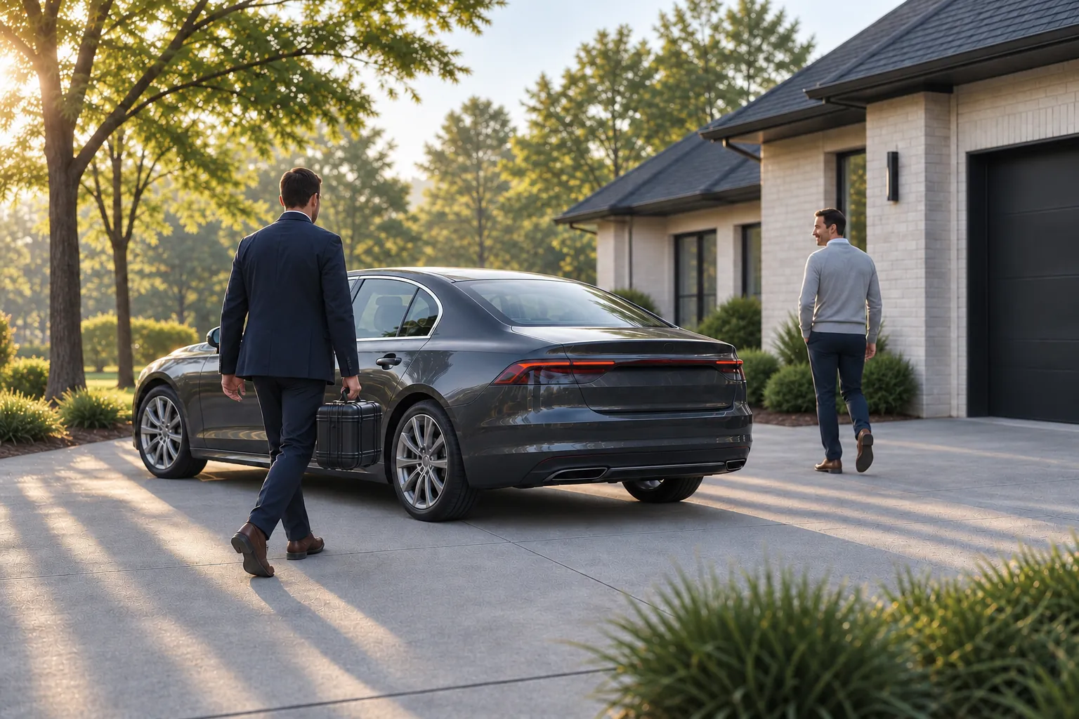 A representative carries a secured watch case to a waiting sedan as the client returns inside.